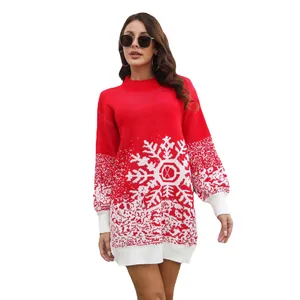 Robe pull de Noël rouge avec jacquard flocon de neige blanc et manches lanternes élégantes