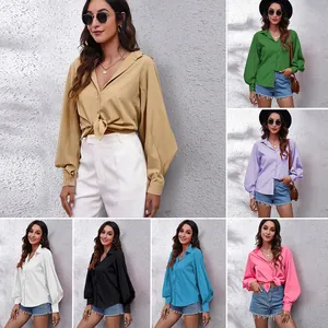 Chemise en Mousseline de Soie à Manches Lanternes pour Femmes Couleur Unie Décontractée à Manches Longues et Col Rabattu