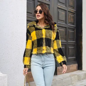 Yellow and black buffalo plaid fleece jacket featuring lantern sleeves detail view