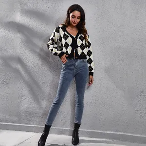 Women's short knit cardigan jacket with color-blocked argyle pattern and V-neck design