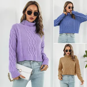 Women's Cable Knit Turtleneck Cropped Sweater Loose Casual Long Sleeve Pullover Autumn Winter Fashion Knitted Top