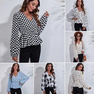 Elegant Women V Neck Peplum Top Lantern Long Sleeve Printed Blouse Loose Fit Casual Pullover Shirt Floral Plaid Pattern Tops