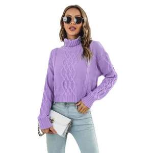 Trendy purple cable knit turtleneck cropped sweater for women in a stylish autumn outfit.