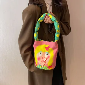 Bolso Tote de Lona de Dibujos Animados de Diseño de Nicho para Mujer Bolso de Mano de Gran Capacidad Color Caramelo Estampado