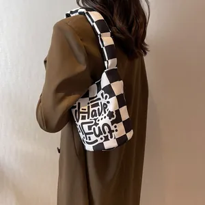 Bolso tote de lona a cuadros con estampado 'Have Fun', bolso de diario a la moda.
