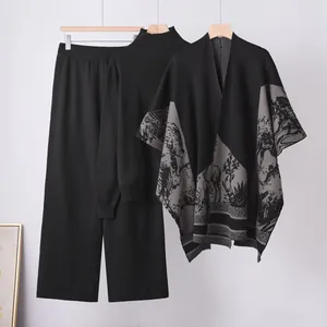 Women Knit Top Bottom And Shawl Outfit Mock Neck Long Sleeve Sweater Wide Leg Pants Landscape Print Casual Winter Clothing