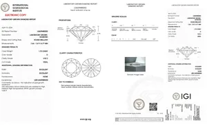 Detailed IGI laboratory grown diamond report for LG629485302 showing grading results