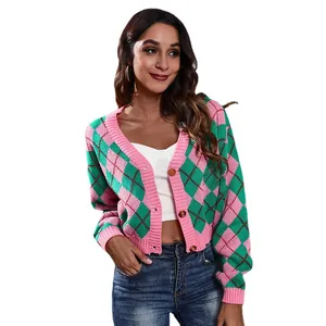 Women's pink and green argyle knit cardigan sweater with a cropped loose fit style