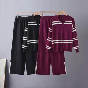 Casual women's striped polo collar knitted lounge set in black and burgundy colors