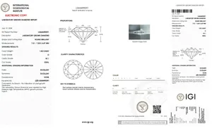Official IGI laboratory grown diamond report for a 1.50 carat D color VS1 clarity diamond