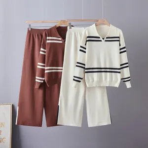 Casual striped polo neck knit sweater and wide-leg pants set in brown and cream white