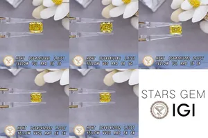 Details of radiant-cut yellow lab-grown diamonds with IGI certification specs