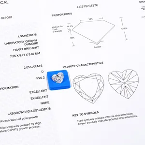 Macro detail of a 2.05 carat heart-shaped lab-grown diamond with official IGI report