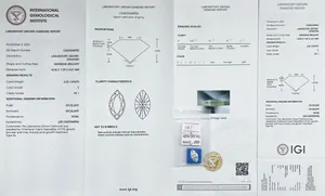 Primer plano del informe IGI con detalles técnicos del diamante marquise de 3,03 quilates