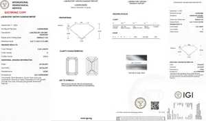 Official IGI laboratory grown diamond report for 2.00 carat emerald cut diamond stone
