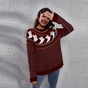 Festive Halloween ghost pattern burgundy knit sweater for women's cozy autumn wear