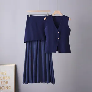 Elegant navy blue knit vest and pleated skirt two-piece set for women's summer fashion
