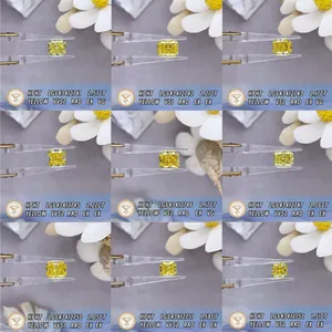 Macro collage of radiant cut lab-grown yellow diamonds with IGI certification details