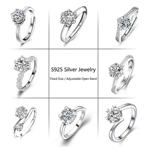Classic S925 silver rings with round lab-grown diamonds, adjustable and fixed sizes