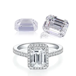 Emerald cut 1 carat lab-grown diamond halo engagement ring with pavé band