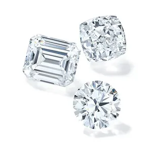 High-quality IGI lab-grown diamonds with round, emerald and cushion cuts on white background
