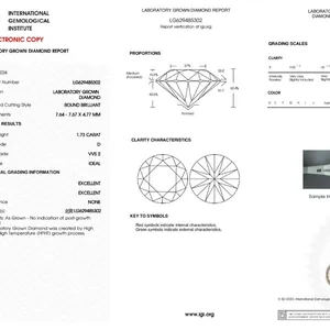 Official IGI laboratory grown diamond grading report for 1.73 carat round brilliant