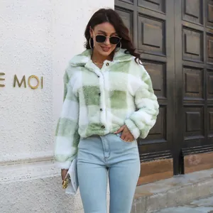 Trendy green and white checkered fuzzy sherpa jacket for a stylish autumn outfit