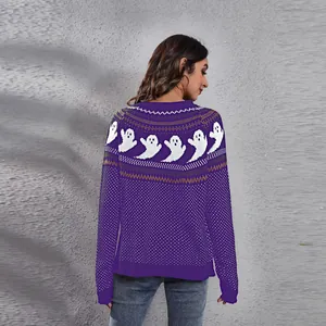 Women's purple retro knit sweater with white ghost pattern for Halloween season