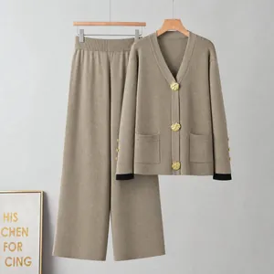 Ensemble en Tricot pour Femmes Haut et Bas Cardigan à Boutons Col en V Pantalon Large Décontracté Tenue Élégante Automne Hiver