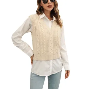 Débardeur en maille torsadée beige pour femme avec col en V pour l'automne et l'hiver