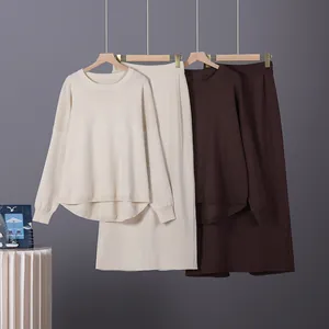 Elegant two-piece knit sweater and skirt set in cream white and dark brown colors