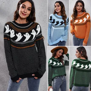 Halloween Ghost Pattern Retro Polka Dot Knit Sweater Women Loose Long Sleeve Round Neck Pullover Autumn Winter Acrylic Jumper