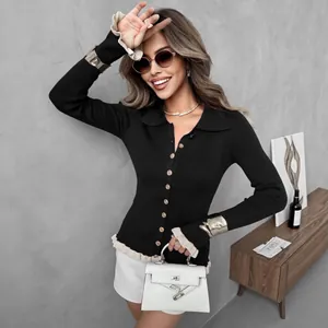 Chic women's slim fit black knit cardigan with ruffle trim and classic polo collar
