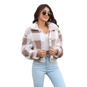 Stylish brown plaid plush lantern sleeve jacket for women casual autumn winter fashion