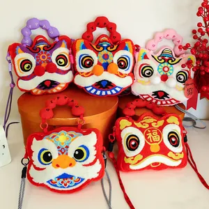 Collection of traditional lion dance plush crossbody bags in various vibrant colors