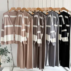 Stylish women's 3-piece striped set with cardigan and wide-leg pants in multiple colors