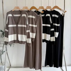 Three-piece striped knit lounge set featuring cardigan, vest, and wide-leg trousers