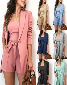 Women's 3-piece blazer suit set with crop top and high-waisted shorts in multiple colors