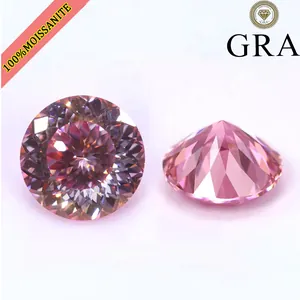 Macro detail of 10ct pink round Portuguese cut moissanite gemstone with high brilliance