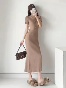 Slim fit brown ribbed knit polo midi dress with short sleeves and button collar