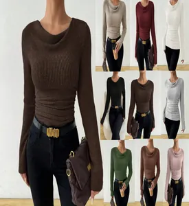 Variant display showing multiple colors of cowl neck ribbed knit long-sleeve tops