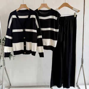 Elegant three-piece striped knit set including cardigan, vest and wide-leg pants