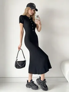 Elegant slim fit black ribbed knit polo dress with short sleeves and button front detailing