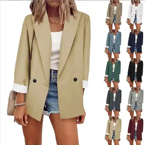 Women Double-Breasted Blazer Office Professional Mid-Length Solid Color Polyester Suit Jacket Elegant Commuter Long Sleeve Outerwear