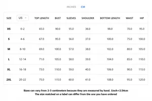 Detailed size guide chart in cm for women's waffle knit lounge top and pants set.