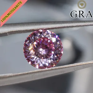 Detail view of a 10ct pink round Portuguese cut moissanite with GRA certification