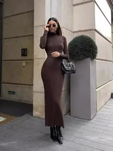 Elegant dark brown turtleneck long-sleeve ribbed knit bodycon maxi dress for women