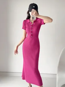 Magenta short sleeve polo collar ribbed knit midi dress with front button detailing