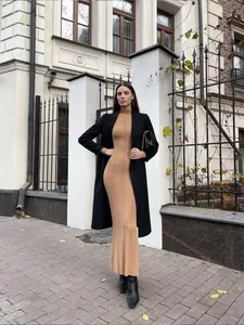 Elegant tan ribbed knit turtleneck maxi dress styled with a long black wool coat.