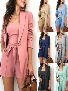 Women Elegant Professional Blazer Camisole Shorts Set With Bow Belt Solid Color Business Office Lady Casual Outfits Top And Bottom